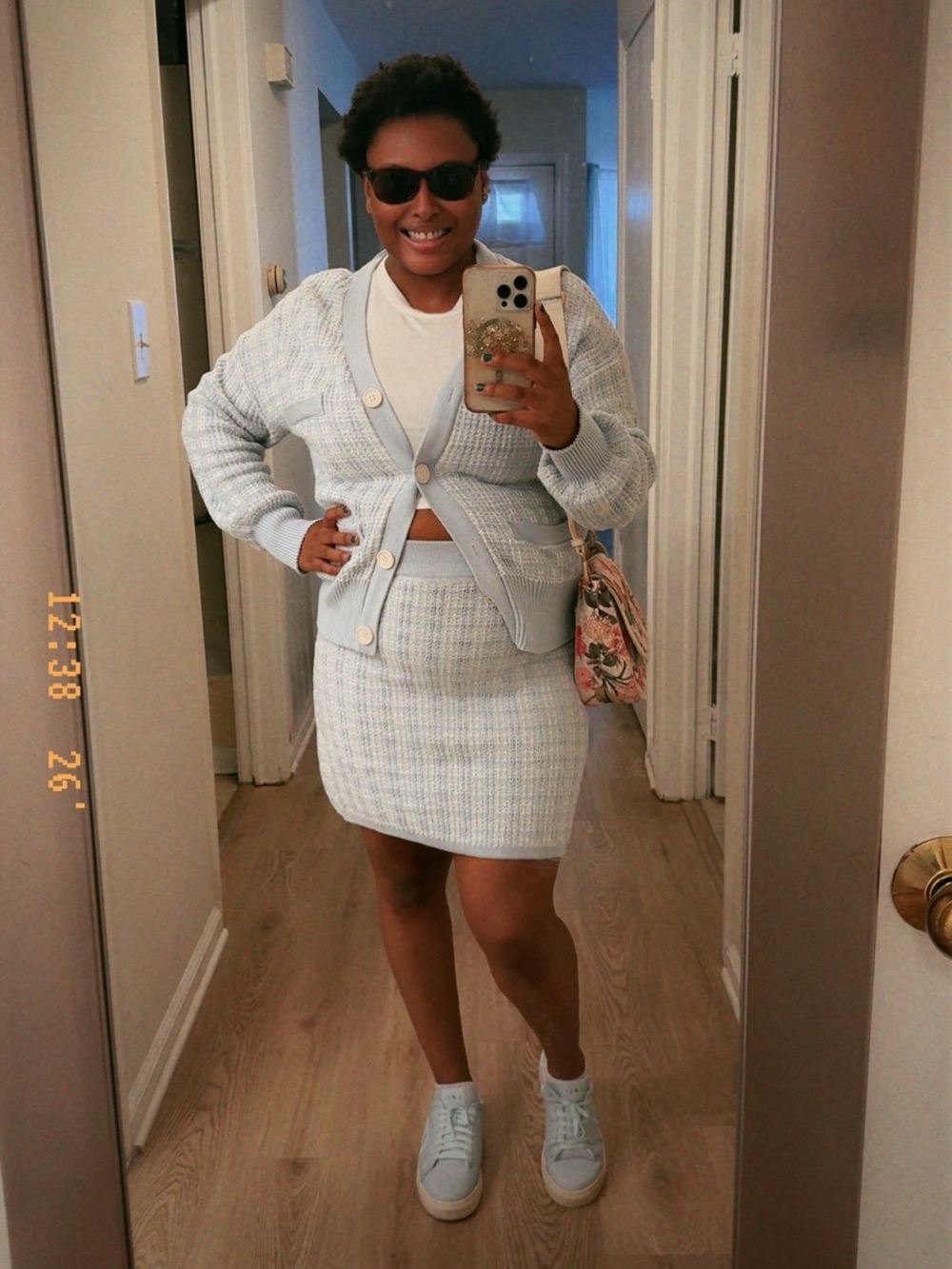 Light Blue Tweed Knit Skirt Set with Cardigan